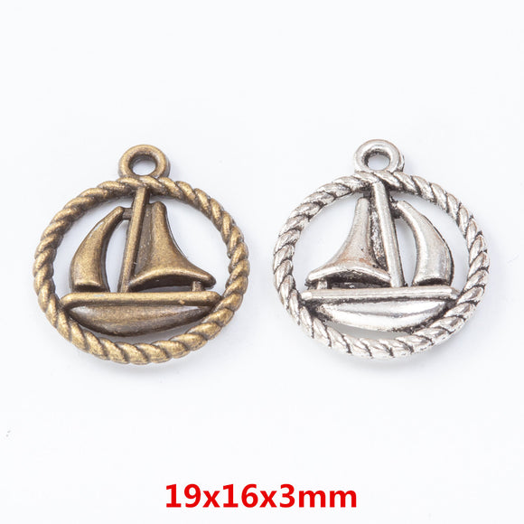 10pcs 19*16mm dark silver color 2sided round rim sailing boat design charms  EF2872