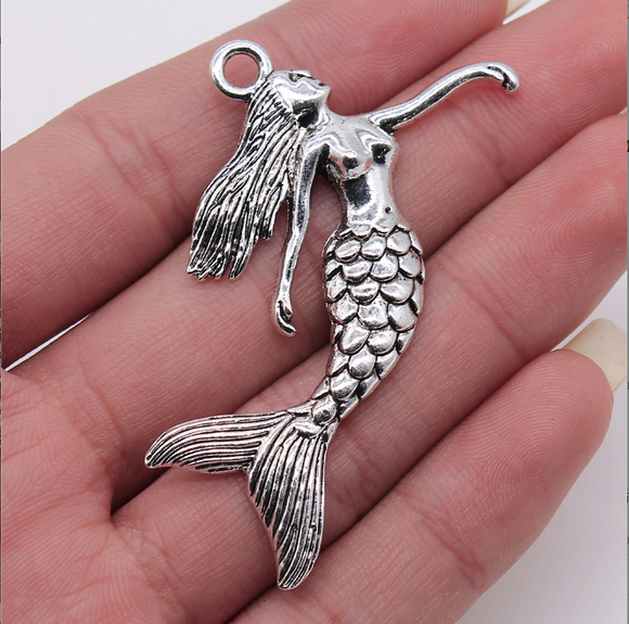 5pcs 50x57mm Tibetan Silver Alloy Charm Mermaid Pendant h0638