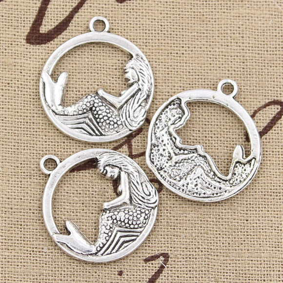 15pcs Charms Circle Mermaid 26x23mm Antique Silver Color Pendants DIY Crafts H1265