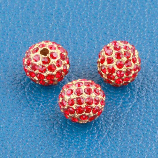 Round 10mm Red Rhinestones Alloy Spacer Bead Gold color 4pc CA01