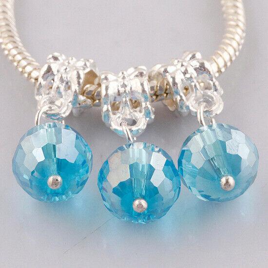 9mm facted Glass Lakeblue Bead Dangle European Charms Silver Color 6pcs PD85