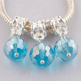 9mm facted Glass Lakeblue Bead Dangle European Charms Silver Color 6pcs PD85