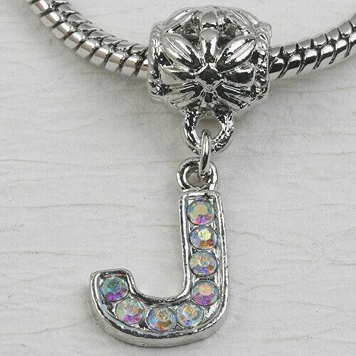 J Letter Alphabet Rhinestone Dangle Pendant European Bead Charms 1pc LT0010