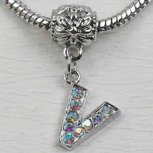 V Letter Alphabet Rhinestone Dangle Pendant European Bead Charms 1pc LT0022