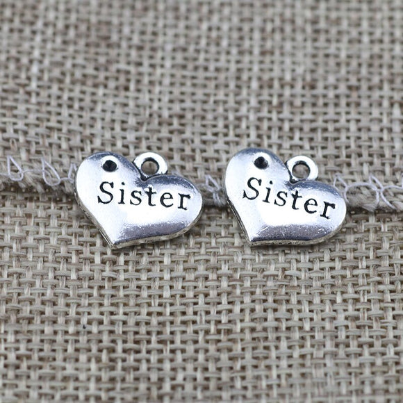 10 Pieces 13x16mm Antique Silver Color Sister Heart-shaped Charms DIY Jewelry for Necklace