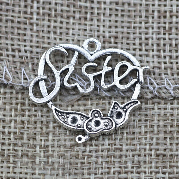10 Pieces 23x27mm Antique Silver Color Sister Heart-shaped Pendant Charms DIY Handcraft Bracelets