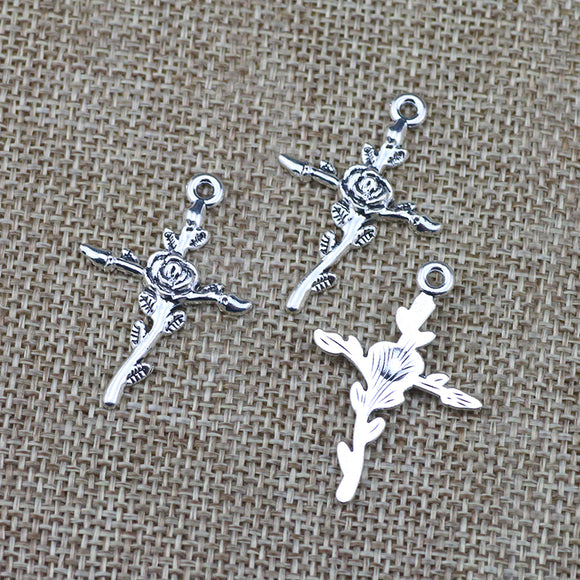 10 Pieces 24*35mm Antique Silver Color Cross Flower Wicca Charms Pendant Keychains Accessory For DIY Jewelry Making