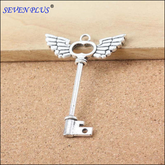 10 Pieces/Lot 59mm*40mm Antique Silver Plated Angels Wings Key Pendants Charms For Jewelry Making