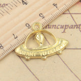 10pcs Charms Alien ET Believe Spaceship 23x30mm Tibetan Bronze Silver Color Pendants Antique Jewelry Making DIY Handmade Craft