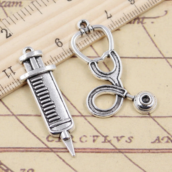 10pcs Charms Big Doctor Syringe Stethoscope Tibetan Silver Color Pendants Antique Jewelry Making DIY Handmade Craft