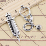 10pcs Charms Big Doctor Syringe Stethoscope Tibetan Silver Color Pendants Antique Jewelry Making DIY Handmade Craft