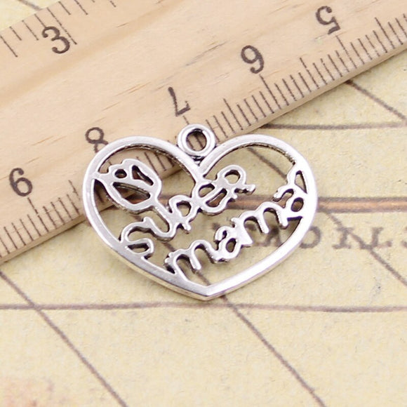10pcs Charms Heart Super Mama 20x26mm Tibetan Silver Color Pendants Antique Jewelry Making DIY Handmade Craft