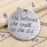 10pcs Charms Plates She Believed She Could So She Did 22x22mm Antique Silver Color Pendants Making DIY Jewelry Factory Wholesale