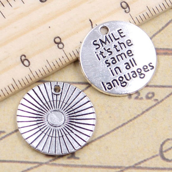 10pcs Charms Smile it's Same In All Languages 20mm Antique Bronze Silver Color Pendants Making DIY Findings Handmade Jewelry ef4487