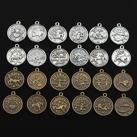 10pcs Charms Zodiac Aries Capricron Aquarius Cancer Leo Libra Taurus 20x17mm Bronze Silver Color Pendants Jewelry DIY Making
