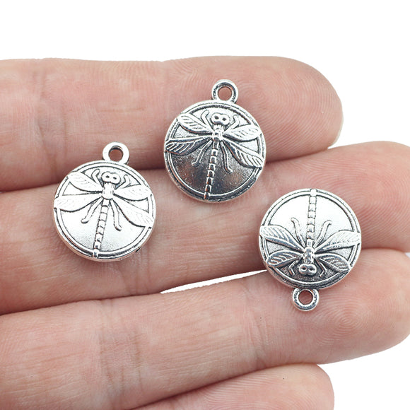 10pcs/lot 15*18mm DIY Charm Antique Silver Color Dragonfly Round Disc Charms Pendant For Keychain Jewelry Making