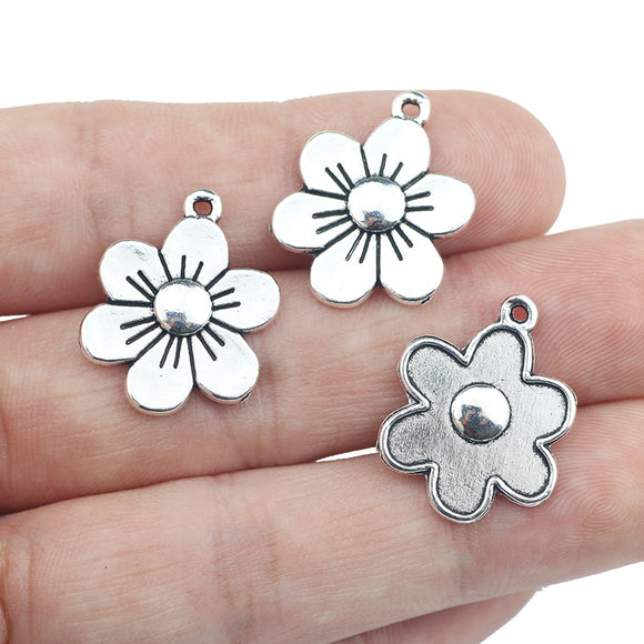 10pcs/lot 17*21.5mm Alloy Flower Charm Antique Silver Color Bloom Flower Charms Pendant For DIY Neckalce Jewelry Making