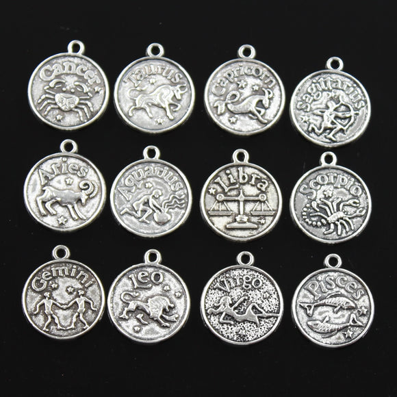 12pcs Charms Zodiac Aries Pisces Gemini Taurus  Cancer Vigro Scorpio Leo Libra 20x17mm Silver Color Pendants DIY Making Jewelry