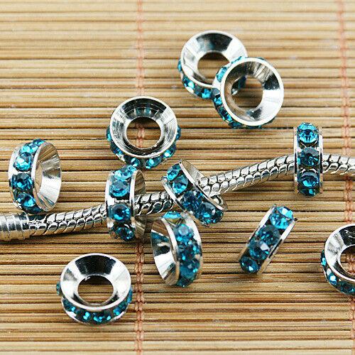 Lakeblue Crystals 10x4mm round Loose European Bead Silver color 8pc GGE295