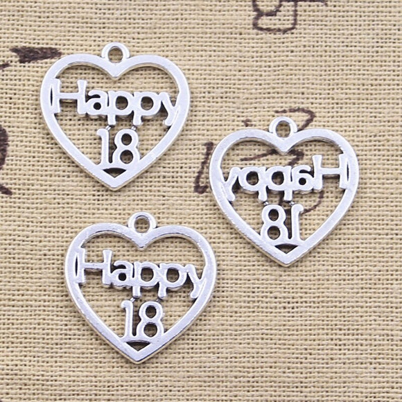 15pcs Charms Heart Happy 18 Ceremony 22x22mm Antique Silver Color Pendants DIY Crafts Making Findings Handmade Tibetan Jewelry