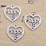 15pcs Charms Heart Happy 18 Ceremony 22x22mm Antique Silver Color Pendants DIY Crafts Making Findings Handmade Tibetan Jewelry