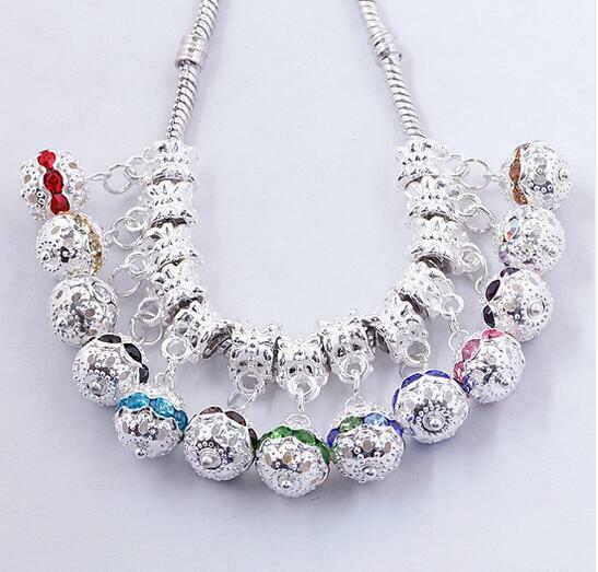 Silver Plated Crystal European Drop Ball Beads Fit Bracelets mixed at random x14