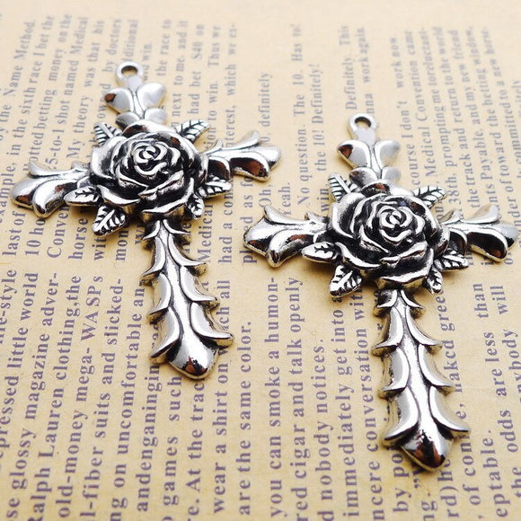 2 Pieces 40*56mm Newest  Mixed Alloy Antique Silver Color Cross Flower Charms Vintage Pendant Accessory For DIY Jewelry Making