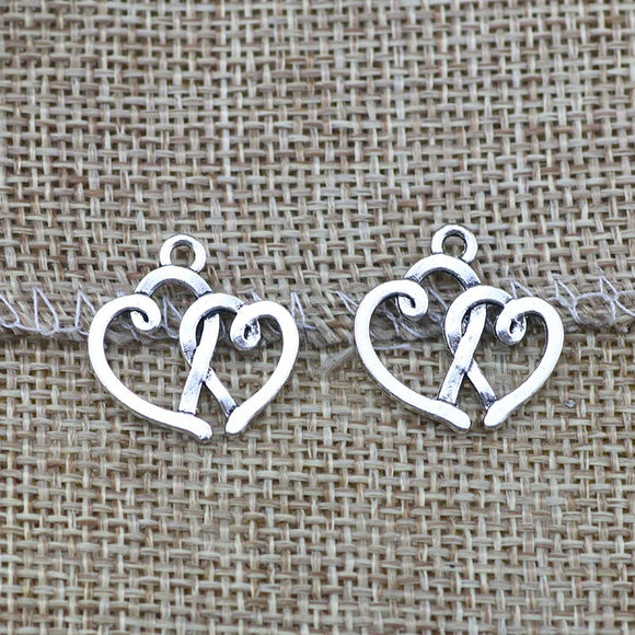 20 PCS/Lot 18.4mm*19.4mm antique silver plated diy handmade hollow out double heart charms pendants