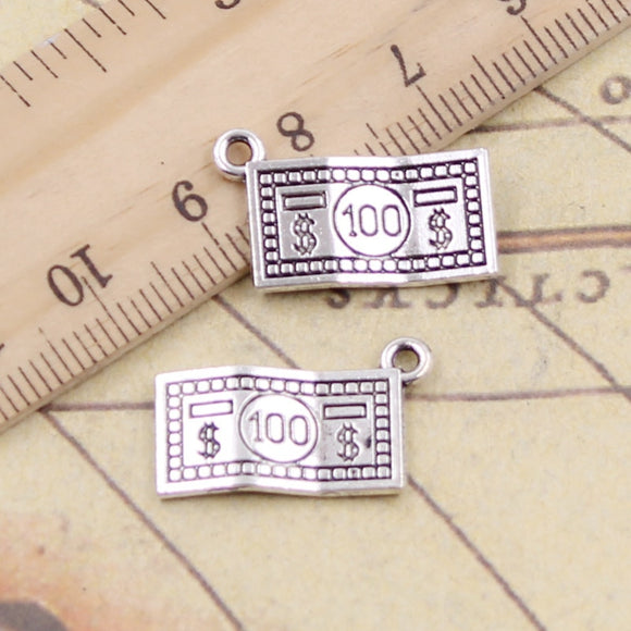 20pcs Charms 100 Dollars Money 10x19mm Antique Silver Color Pendants Making DIY Handmade Jewelry Factory Wholesale