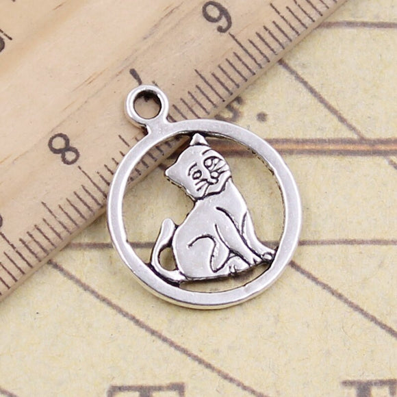 20pcs Charms Circle Cat 19x19mm Tibetan Bronze Silver Color Pendants Antique Jewelry Making DIY Handmade Craft
