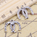 20 piezas de dijes de caballo de la suerte doble, 17 x 20 mm, color plata tibetana, colgantes, joyería antigua, artesanía hecha a mano. 