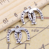 20 piezas de dijes de caballo de la suerte doble, 17 x 20 mm, color plata tibetana, colgantes, joyería antigua, artesanía hecha a mano. 