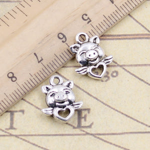 20pcs Charms Double Sided Fly Pig Heart 16x14mm Tibetan Silver Color Pendants Antique Jewelry EF3621