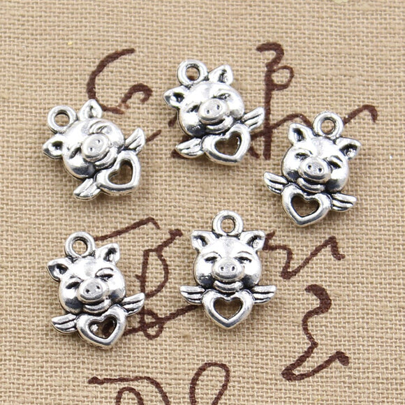 20pcs Charms Fly Heart Pig 16x14mm Antique Silver Color Pendants DIY Crafts Making Findings Handmade Tibetan Jewelry