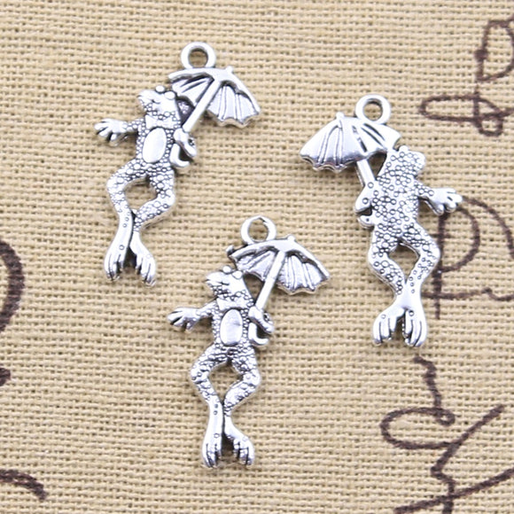 20pcs Charms Frog Holding Lotus Leaf Umbrella 26x15mm Antique Silver Color Pendants DIY Making Findings Handmade Tibetan Jewelry