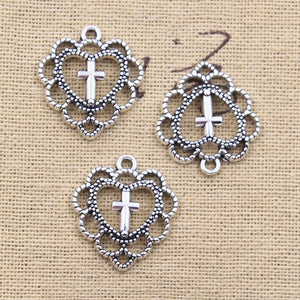 20pcs Charms Hollow Heart Cross 22x20mm Antique Silver Color Pendants DIY Crafts Making Findings Handmade Tibetan Jewelry EF3724