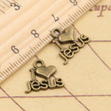 20 piezas de dijes "Amo a Jesús", 15 x 13 mm, color bronce tibetano, colgantes de plata, joyería antigua, fabricación artesanal, colgante artesanal. 