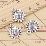 20 piezas de dijes de flor de girasol de 18 x 15 mm, colgantes de color plata tibetana, joyería antigua, artesanía hecha a mano. 