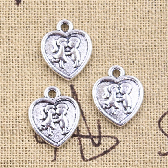 25pcs Charms Heart Lover Boy Girl Sweetheart 15x13mm Antique Silver Color Pendants DIY Making Findings Handmade Tibetan Jewelry