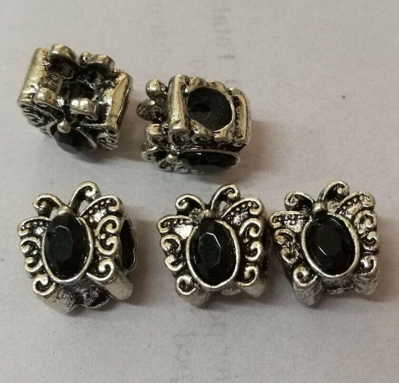 Black Crystal Butterfly European Loose Bead 11x10x7mm Dark Silver 4pcs GGE826