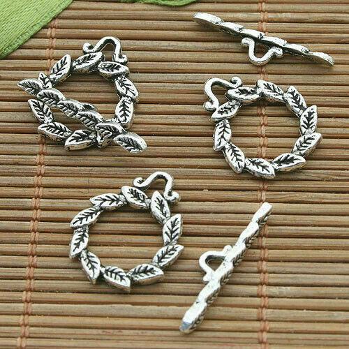 10sets tibetan silver color 2sided Round 15mm leaf toggle clasp H3663