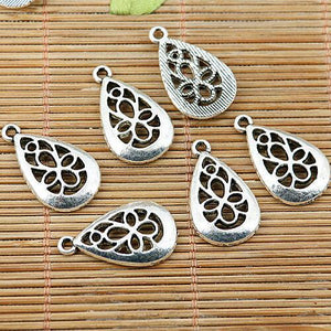 12pcs tibetan silver tone tear shaped hollow floral drop charms EF1907