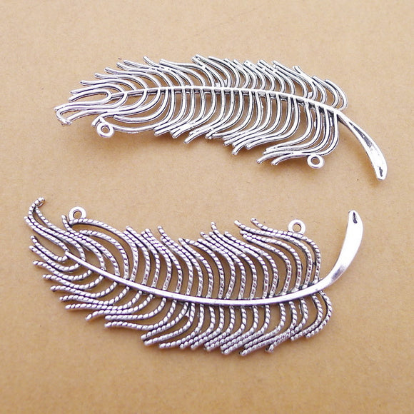 2Pcs 30*74mm Tibetan Silver Color Alloy Feather Charms Hollow Necklace Earring Pendant Accessory Charms For DIY Jewelry Making