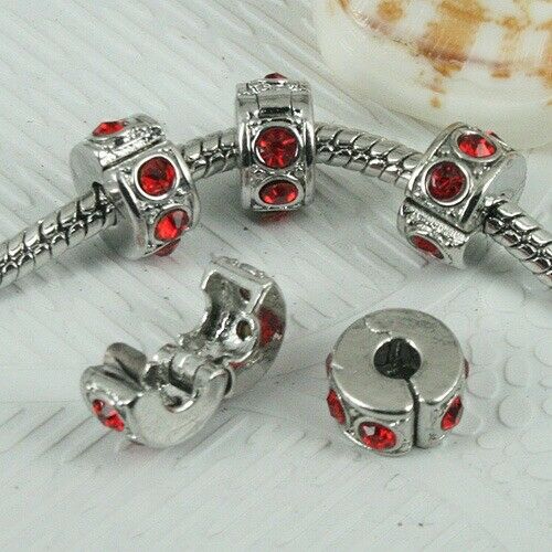 Red Crystal Round 10x5mm Clip Stoppers European Silver Color 4pcs GGE942