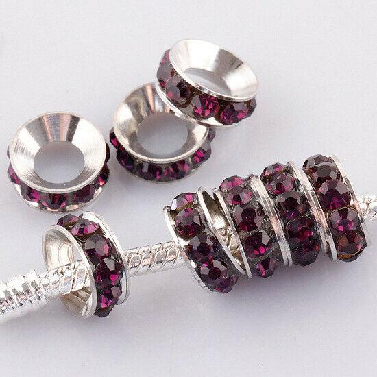 dark Purple Crystals 10x4mm round Loose European Bead Silver color 8pc GGE130
