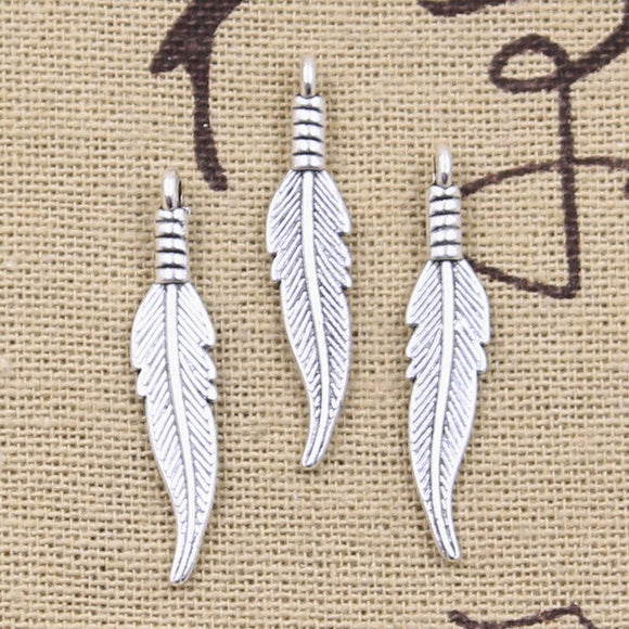30pcs Charms Double Sided Feather 31x6mm Antique Bronze Silver Color Pendants DIY Craft Making Findings Handmade Tibetan Jewelry EF3754