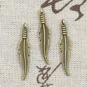 30pcs Charms Double Sided Feather 31x6mm Antique Bronze Silver Color Pendants DIY Craft Making Findings Handmade Tibetan Jewelry EF3754