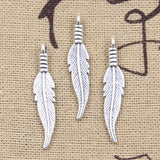 30pcs Charms Double Sided Feather 31x6mm Antique Bronze Silver Color Pendants DIY Craft Making Findings Handmade Tibetan Jewelry EF3754