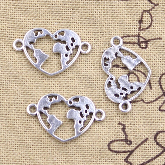 30pcs Charms Heart Earth Map Link 15x24mm Antique Silver Color Pendants DIY Crafts Making Findings Handmade Tibetan Jewelry