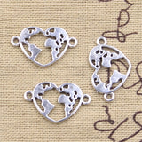 30pcs Charms Heart Earth Map Link 15x24mm Antique Silver Color Pendants DIY Crafts Making Findings Handmade Tibetan Jewelry